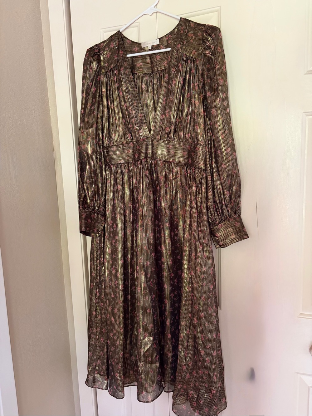 Loveshackfancy Metallic Olive Green Floral Long-Sleeve Midi Dress
